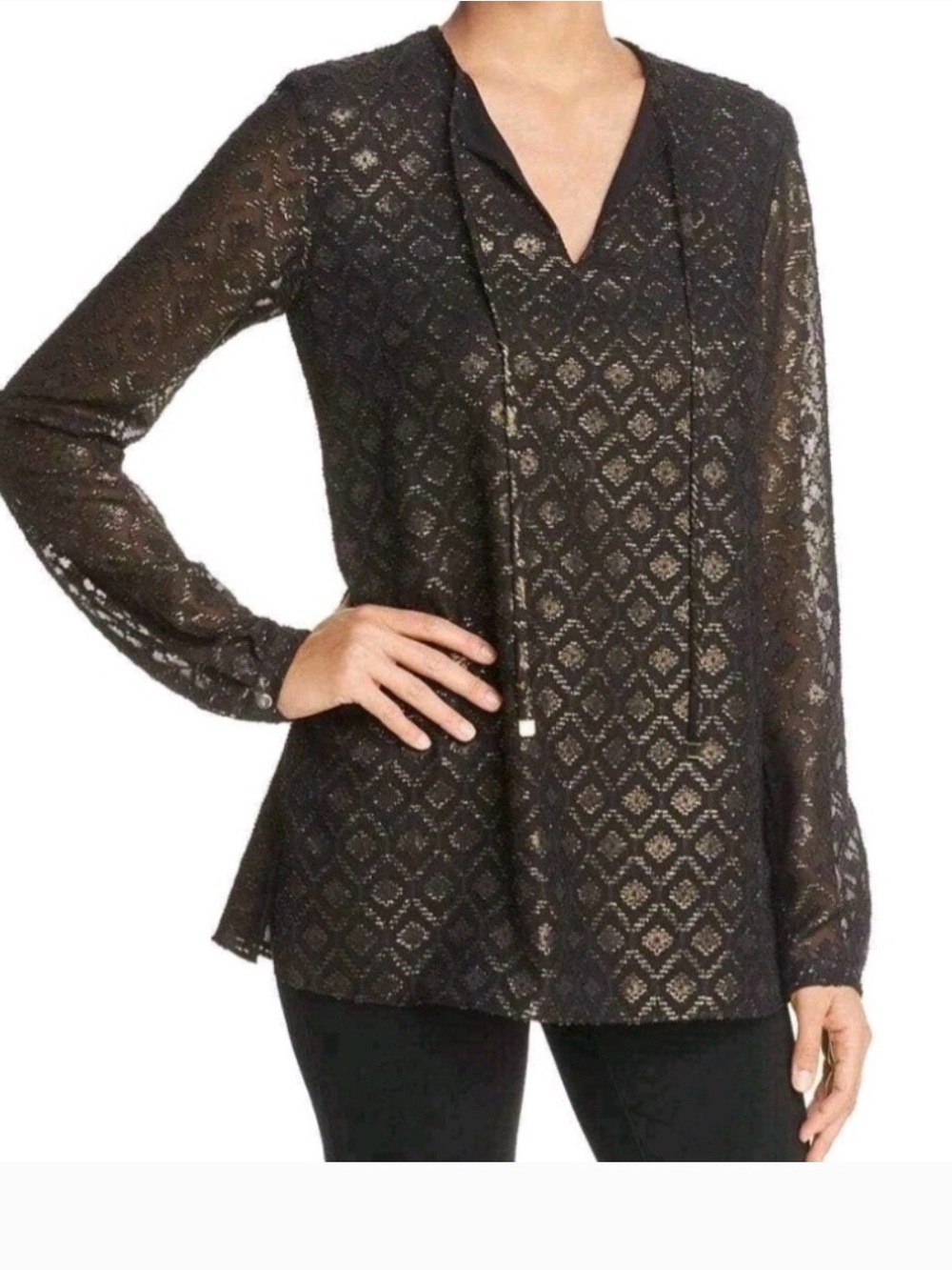 Lafayette 148 Black Lace Long-Sleeve V-Neck Bohemian